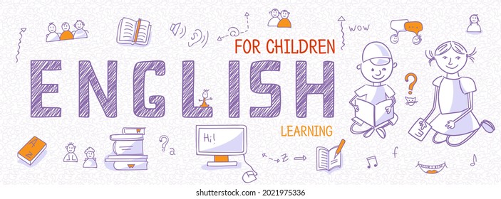 Horizontal Internet banner for Children's Language School or course. Teach and learn English. Blue outline icons, symbols, signs on white background. Line art illustration in panoramic view, vector