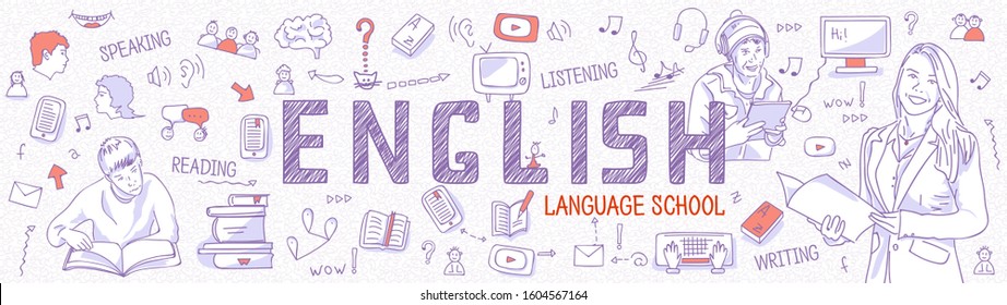 Horizontal Internet banner learning English: language teacher with student book. Blue outline icons, symbols white background. Line art illustration for English school, courses, panoramic view, vector