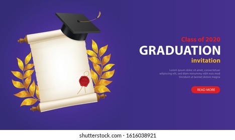 Horizontal invitation banner with graduation cap crown of laurels scroll realistic vector illustration