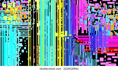 Horizontal iridescent glitch noise and pixels on a black background. Vector abstraction with damage on the screen of the device. Concept of destruction, cyberpunk, future, sci-fi.