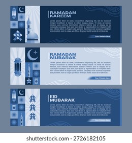 Anuncios islámicos Horizontales con Ramadán Kareem, Ramadán Mubarak y Eid Mubarak con siluetas de mezquitas, linternas, luna creciente y ketupat geométrico en azul monocromático. Perfecto para cabeceras de Web y campañas digitales.
