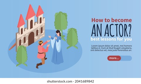 Horizontal isometric banner for acting school with performing actors and editable text 3d vector illustration