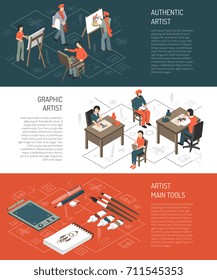 Horizontal isometric banners with authentic and graphic artists, tools for painting and computer drawing isolated vector illustration