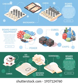 Horizontal isometric banners with different board games and equipment for playing 3d isolated vector illustration