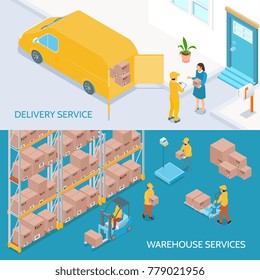 Horizontal isometric banners with logistic business including warehouse with staff and delivery services isolated vector illustration 