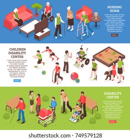 Horizontal isometric banners with nursing home, centers for disabled people adults and children isolated vector illustration    