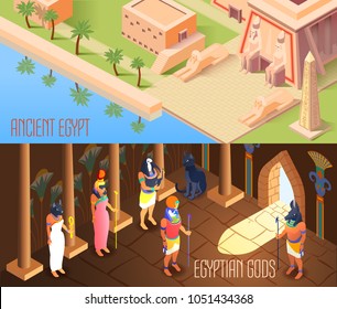 Horizontal isometric banners set with egyptian gods and ancient tomb 3d isolated vector illustration