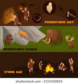 Horizontale isometrische Banner mit prähistorischen Fauna primitive Menschen und ihre Kunst 3D einzelne Vektorgrafik gesetzt