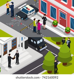 Horizontal isometric banners with special agent at crime scene and during briefcase transfer isolated vector illustration