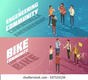 Horizontal Isometric Engineering And Bike Communities Banners With People Having Common Interests Isolated Vector Illustration