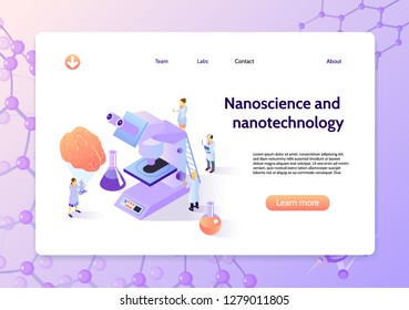 Horizontal isometric nanotechnology concept banner with nanoscience and nanotechnology headline and learn more button vector illustration