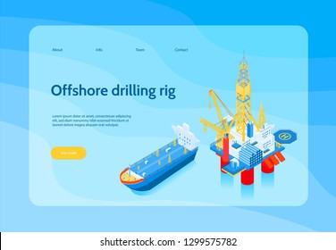 Horizontal isometric oil industry concept banner with offshore drilling rig headline and yellow see more button vector illustration