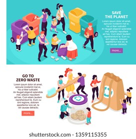 Horizontal isometric zero waste banners set with people saving planet and sorting rubbish 3d isolated vector illustration