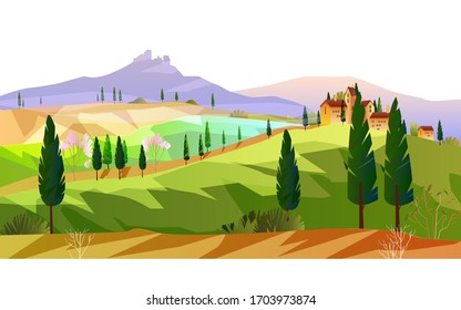 Horizontal Italian landscape with mountains, hills, vineyard, cypress. European rural view with trees, field and small villa. Autumn stock scenery in flat style.  svg