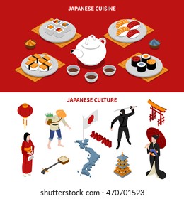 Horizontal japan touristic isometric banners with japanese national cuisine and various cultural elements on red and white backgrounds isometric isolated, vector, illustration