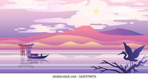 Horizontal Japanese panorama with mountains, hills, torii, river, boat, stork and sun. Oriental stock landscape in pink and violet colors. For landing pages, banners, backgrounds, advertisements