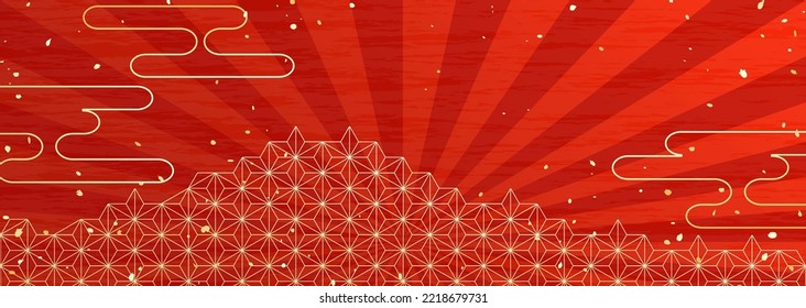 Horizontal Japanese style background illustration of gold traditional pattern on red background