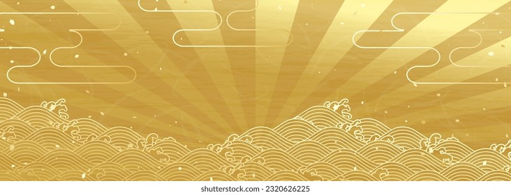 Horizontal-japanischer Hintergrund-Illustration von verführerischer Stimmung mit goldenem Wellenmuster im Licht des ersten Sonnenaufgangs des Jahres