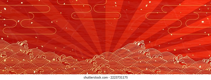 Horizontal Japanese-style background illustration with gold wave pattern on a red background