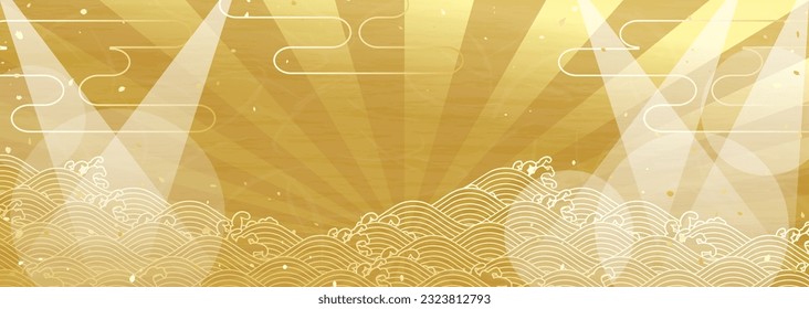 A horizontal Japanese-style background illustration with a golden wave pattern and a stage-like spotlight