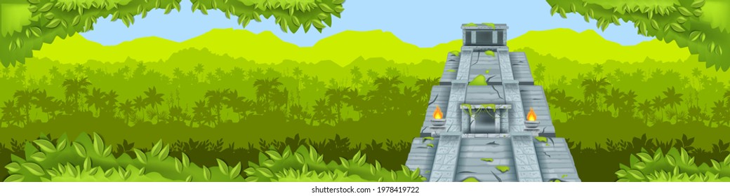 Horizontal jungle landscape, ancient maya pyramid, Aztec temple, green palm silhouette. Tropical panoramic background, old ruin, Mexico travel landmark. Archeology building, maya pyramid nature banner