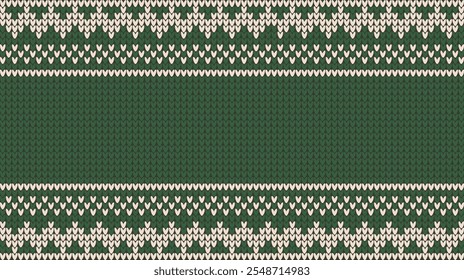 Horizontal fondo verde de punto con patrón blanco. Diseño de punto de vacaciones de invierno. Ilustración vectorial.