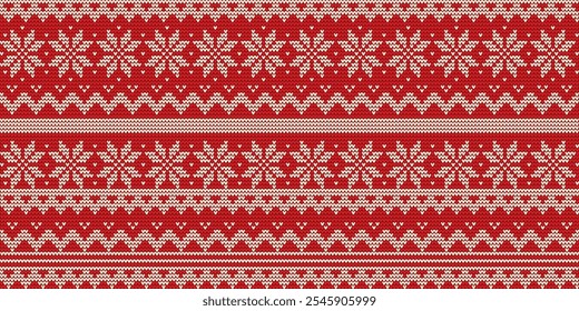 Horizontal fondo rojo de punto con patrón blanco. Diseño de punto de vacaciones de invierno. Ilustración vectorial.