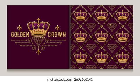Horizontal label, diagonal cross line square grid pattern with golden imperial crown, diamonds, jewelry chains. Vintage style. Burgundy background