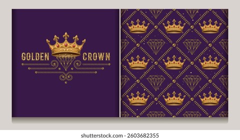 Horizontal label, diagonal cross line square grid pattern with golden crown, diamonds, jewelry chains. Vintage style. Purple background