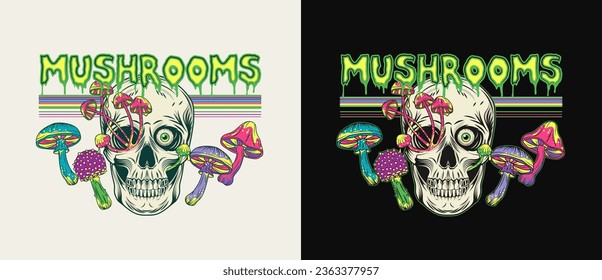 Horizontal label with human skull, colorful mushrooms, stripes, text. Crazy mad skull with single eye and growing through skull mushrooms. Consept of madness. Vintage style.