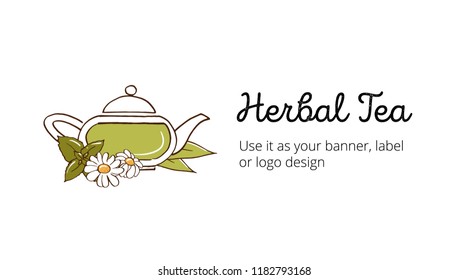 Horizontal label template for herbal tea with hand-drawn glass teapot chamomile and mint illustration isolated on white background. Illustration for restaurant or cafe drink menu.