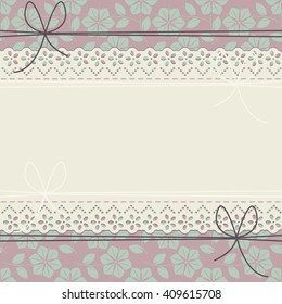 Horizontal lace frame with decorative flowers and bows can be used for greeting cards, wedding invitations,  baby shower  and more creative designs.