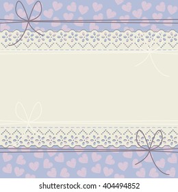 Horizontal lace frame with decorative hearts can be used for greeting cards, wedding invitations,  baby shower and more creative designs.