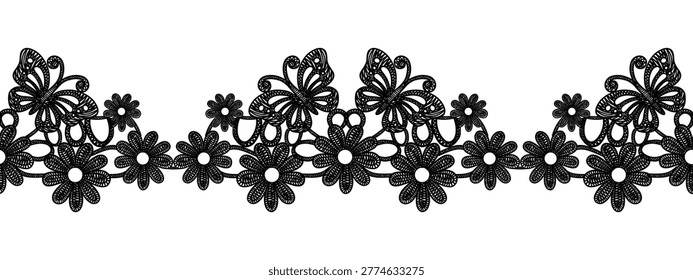 Horizontal lace seamless border with flowers and butterflies, hand-drawn vector illustration. Elegant decorative trim in vintage style with delicate floral patterns. Whimsical retro design for wedding invitations and packaging of romantic greeting cards.