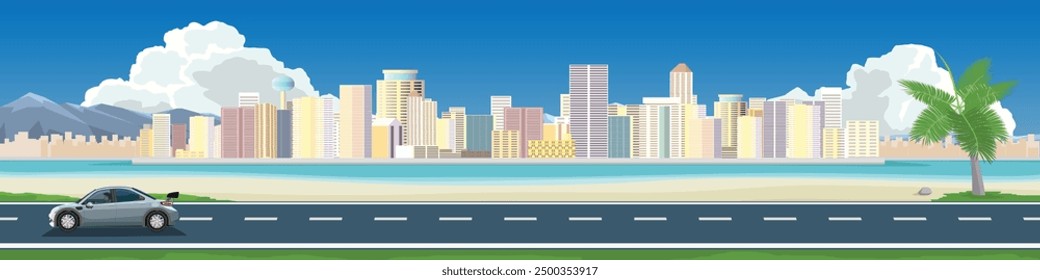 Horizontal and landscape of asphalt road on the beach. Car with driver travel on the road. with coconut on the beach. Residential and business districts far from the sea. and mountain under the sky.