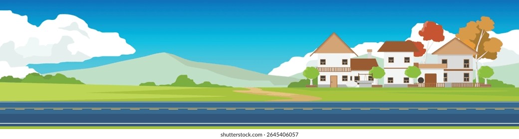 Horizontal and Landscape of Asphalt road. Rural village in a retro European style. Surrounded by vast grasslands and connected by dirt roads. With mountrain under white clodus and blue sky.