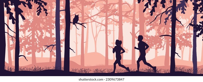 Horizontal landscape banner. Silhouette of boy and girl jogging in forest. Pink illustration. Wild trees. 