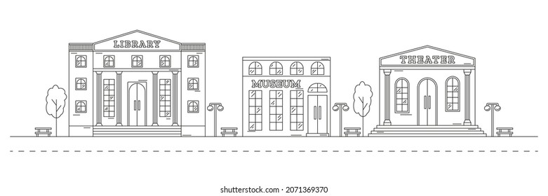 Horizontal landscape with a city street. District graphics. Museum, library and theater. Urban life illustration with building facades and other urban details. Editable stroke. Vector.