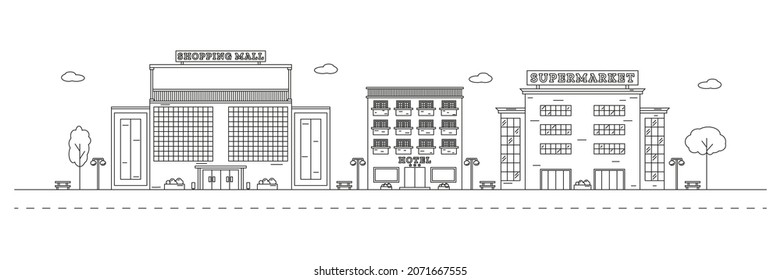 Horizontale Landschaft mit einer Stadtstraße. Kreisgrafiken. Hotel, Einkaufszentrum und Supermarkt. Stadtbild mit Gebäudefassaden und anderen städtischen Details. Bearbeitbarer Strich. Vektorgrafik.