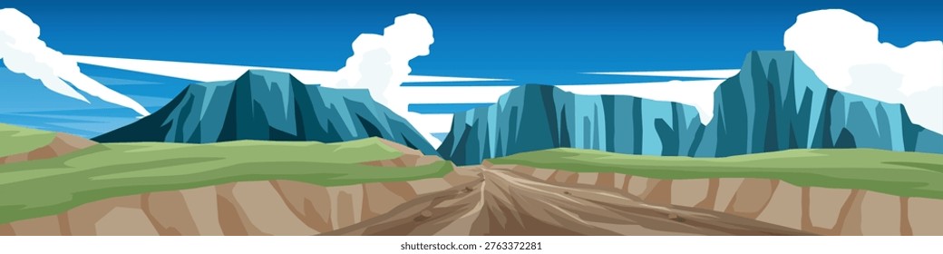 Horizontal or landscape of dirt road that cuts through small cliffs on both sides. lush green plain with mountains under blue sky and white clouds.