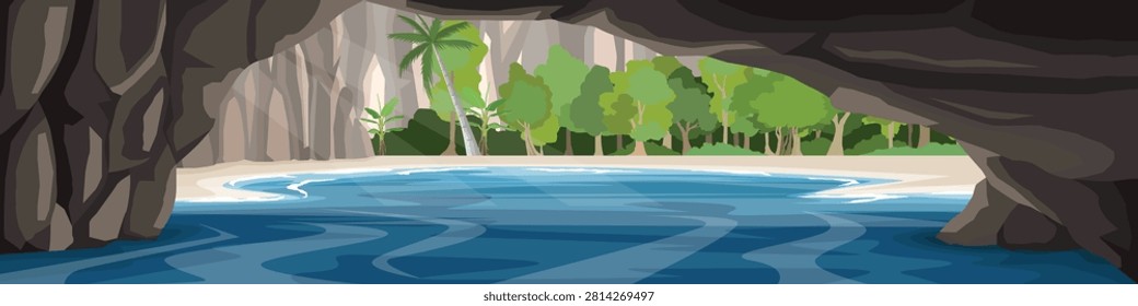 Horizontal or Landscape of the Emerald Cave Tham Morakot in Krabi, Thailand. Showcases the iconic hidden beach accessed by swimming through a narrow sea cave into a lush secluded lagoon.