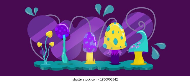 Horizontal landscape with fabulous mushrooms on a dark background. Vector illustration of fantastic mushrooms.