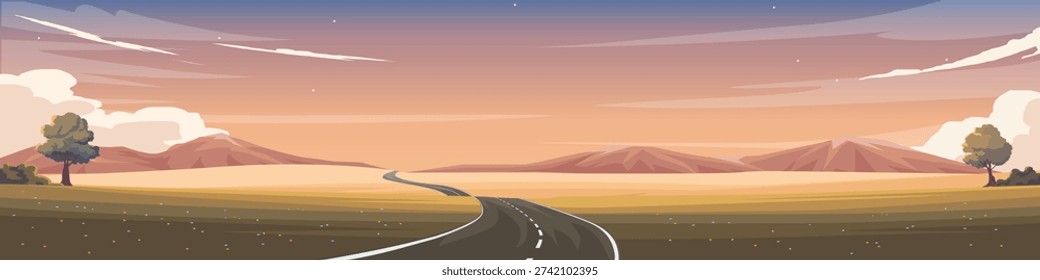 Horizontal or Landscape features a winding asphalt road leading through vast golden fields. Toward distant purple mountains under a soft hazy sunset sky with wispy clouds. For banner background.