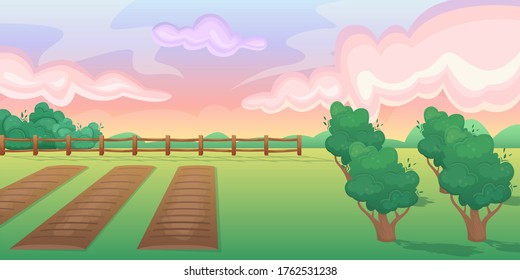 Paisaje horizontal de un campo con camas y un jardín de frutas y bayas. Cosecha. Campos agrícolas. Agricultura, agricultura.