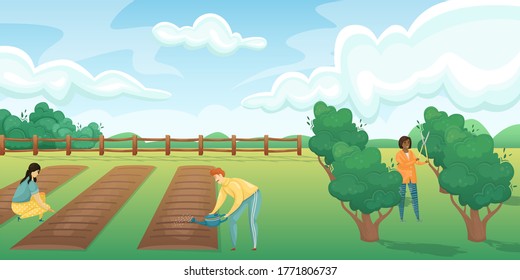 Horizontal landscape of a field with beds and a fruit and berry garden. People take care of planting, growing vegetables and fruits. Agricultural fields. Agriculture, farming.