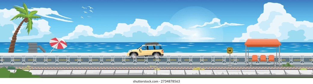 Horizontal or Landscape of flat vector panoramic illustration of a yellow SUV driving along a scenic coastal asphalt road. With a beach palm tree and train stop under a bright blue sky.