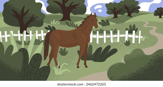 Horizontal landscape with a horse grazing. Country life on the farm. Background for farmers and stable owners. Vector illustration with isolated elements.