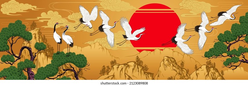 Horizontal landscape with Japanese cranes and pines