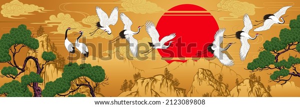 Horizontal landscape with Japanese cranes and pines