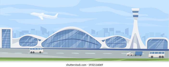 Horizontal landscape with modern airport building, transfer buses, special transport and taking off airplane in sky. Colored flat cartoon vector illustration of air station, runway and plane